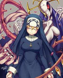Rule 34 | 1girl, black thighhighs, blonde hair, blush, breasts, closed eyes, closed mouth, cross, cross necklace, double (skullgirls), eldritch abomination, extra eyes, full body, habit, hair between eyes, iroyopon, jewelry, long sleeves, medium breasts, monster, necklace, nun, red eyes, skullgirls, smile, solo, thighhighs, traditional nun, white background