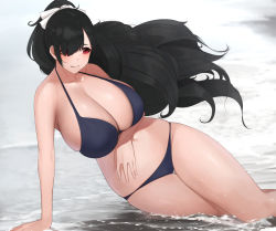Rule 34 | 1girl, arm support, arm under breasts, beach, bikini, black bikini, black hair, breasts, cleavage, closed mouth, collarbone, commentary request, floating hair, hair over one eye, hair ribbon, halterneck, highres, huge breasts, leaning to the side, mole, mole under mouth, original, ponytail, red eyes, ribbon, senju (snz0), solo, swimsuit, thigh gap, water, white ribbon, wind