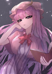 Rule 34 | 1girl, 33 gaff, arm up, blue ribbon, blunt bangs, book, bow, breasts, capelet, commentary, crescent, crescent hat ornament, cropped legs, dress, grey background, hat, hat ornament, hat ribbon, holding, holding book, large breasts, long hair, mob cap, patchouli knowledge, pink capelet, pink dress, purple eyes, purple hair, red bow, red neckwear, ribbon, sidelocks, simple background, solo, striped clothes, striped dress, touhou
