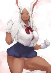 Rule 34 | 1girl, absurdres, animal ears, blue skirt, boku no hero academia, bow, bra, bra peek, breasts, bunny day, clenched hands, curvy, dark-skinned female, dark skin, gloves, highres, knee up, large breasts, long eyelashes, long hair, looking to the side, loose socks, mirko, panties, parted bangs, parted lips, pleated skirt, puzenketsu, rabbit ears, rabbit girl, red bow, red eyes, shirt, shirt tucked in, skirt, sleeves rolled up, smile, socks, solo, thick thighs, thighs, toned, underwear, very long hair, white gloves, white hair, white panties, white shirt