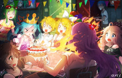 Rule 34 | &gt; &lt;, 2boys, 6+girls, ahoge, anger vein, angry, aqua hair, aqua nails, artist name, balloon, birthday cake, black shirt, blonde hair, blouse, blowing, blue eyes, blush, bow, bowtie, bra strap, brown hair, bunting, cake, candle, cat, chair, clenched hands, closed eyes, clothing cutout, crown, cup, d:, dishes, drawing (object), dress shirt, dropping, eyebrows, eyewear on head, fire, flying sweatdrops, food, frills, goggles, goggles on head, green hair, gumi, hair between eyes, hair bow, happy birthday, hatsune miku, ia (vocaloid), in the face, indoors, kagamine len, kagamine rin, kaito (vocaloid), long hair, looking at another, megurine luka, meiko (vocaloid), multiple boys, multiple girls, nail polish, nervous, o o, off shoulder, open mouth, party, pennant, pink hair, pink shirt, purple hair, qys3, red eyes, round teeth, scared, shaded face, shirt, short sleeves, shoulder cutout, signature, sitting, sleeveless, square mouth, stairs, standing, string of flags, striped clothes, striped shirt, striped tank top, surprised, sweatdrop, table, tank top, teeth, tiara, triangle mouth, twintails, vocaloid, wavy mouth, white bow, white bowtie, white shirt, you&#039;re doing it wrong