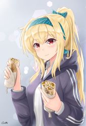 Rule 34 | 1girl, blonde hair, blue jacket, bow, food, gamryous, girls&#039; frontline, green bow, hair bow, hairband, highres, holding, hood, hoodie, jacket, long hair, long sleeves, looking at viewer, open clothes, open jacket, ponytail, red eyes, shawarma, shirt, simple background, smile, solo, sv-98 (girls&#039; frontline), track jacket, white shirt