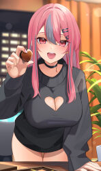 Rule 34 | 1girl, alternate costume, alternate hairstyle, azur lane, black choker, black sweater, breasts, bremerton (azur lane), chocolate, choker, cleavage, cleavage cutout, clothing cutout, food, heart cutout, highres, holding, holding chocolate, holding food, long hair, looking at viewer, multicolored hair, nail polish, open mouth, pink hair, red eyes, smile, soar sora222, standing, streaked hair, sweater, teeth, upper teeth only