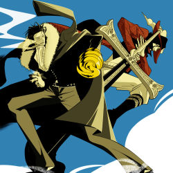 Rule 34 | 2boys, amputee, ascot, back-to-back, belt, boots, cigar, crocodile (one piece), dracule mihawk, facial hair, fighting stance, fur trim, hat, hook, jacket, jacket on shoulders, lining, male focus, multiple boys, mustache, one piece, pirate, popped collar, s-salt, sand, smoking, sword, weapon