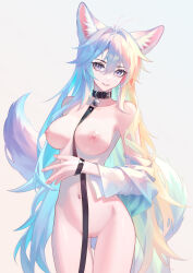 Rule 34 | 1girl, absurdres, animal ear fluff, animal ears, bdsm, bell, blonde hair, blue hair, bottomless, breasts, collar, commentary request, fox ears, gradient background, green hair, grey background, highres, kirby d a, leash, long hair, looking at viewer, md5 mismatch, medium breasts, multicolored hair, neck bell, nipples, nude, original, pussy, revision, slave, smile, solo, tail, thighs, very long hair, white hair