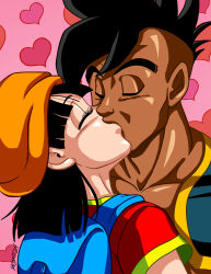 1boy 1girl absurdres backpack bag black_hair blush dragon_ball dragon_ball_gt heart highres kiss muscular muscular_male pan_(dragon_ball) tagme uub