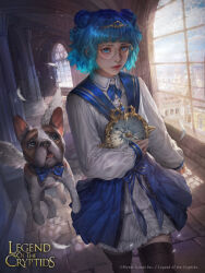 Rule 34 | 1girl, absurdres, animal, blue eyes, blue hair, compass, dog, european architecture, glasses, highres, indoors, legend of the cryptids, looking at viewer, tiara, wan1, watermark, wings