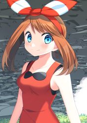 Rule 34 | 1girl, absurdres, blue eyes, blush, bow, bow hairband, breasts, brown hair, closed mouth, collarbone, creatures (company), game freak, hair bow, hairband, highres, long hair, looking at viewer, may (pokemon), medium breasts, nintendo, pokemon, pokemon oras, red hairband, red shirt, shirt, sleeveless, sleeveless shirt, smile, solo, striped, striped bow, twintails, upper body, yuihico
