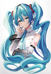 Rule 34 | 1girl, aqua hair, bare shoulders, bib (bibboss39), blue hair, blue nails, blue ribbon, blush, character name, closed mouth, collared shirt, cropped torso, detached sleeves, fingernails, hand on own cheek, hand on own face, hatsune miku, hatsune miku (nt), headphones, highres, long fingernails, long hair, long sleeves, looking at viewer, nail polish, neck ribbon, number tattoo, ribbon, see-through, shirt, shoulder tattoo, simple background, smile, solo, tattoo, twintails, upper body, very long hair, vocaloid, white background, white shirt