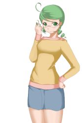 Rule 34 | 00s, 1girl, aged up, ahoge, casual, chemical-x, glasses, green eyes, green hair, highres, kanaria, matching hair/eyes, pencil skirt, rozen maiden, simple background, skirt, solo