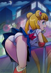 Rule 34 | 1girl, aqua eyes, ass, bent over, bishoujo senshi sailor moon, blonde hair, blue eyes, blue sailor collar, blue skirt, boots, bow, cameltoe, choker, cleft of venus, double bun, elbow gloves, evening, eyebrows, female focus, from behind, gloves, hair bun, hair ornament, jewelry, knee boots, kneepits, legs together, leotard, long hair, looking at viewer, looking back, magical girl, moon, night, night sky, open mouth, outdoors, panties, patreon username, pleated skirt, red bow, red choker, red footwear, sailor collar, sailor moon, sailor senshi, sailor senshi uniform, school uniform, serafuku, shiny skin, skirt, sky, smile, solo, teeth, the other half, tiara, tsukino usagi, twintails, twitter username, underwear, upper teeth only, white gloves, white panties