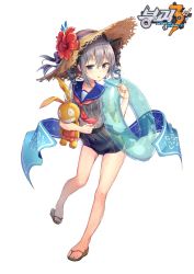 Rule 34 | 1girl, bronya zaychik, covered navel, drill hair, earrings, flower, food, full body, grey eyes, grey hair, hat, hat flower, hat ribbon, highres, holding, honkai (series), honkai impact 3rd, huwari (dnwls3010), innertube, jewelry, looking at viewer, one-piece swimsuit, open mouth, popsicle, ribbon, sailor collar, sandals, school swimsuit, shirt, short sleeves, solo, straw hat, stuffed animal, stuffed toy, swim ring, swimsuit, swimsuit under clothes, towel, twin drills, wet, wet clothes, wet shirt
