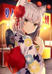 Rule 34 | 1girl, absurdres, animal ear fluff, animal ears, blurry, blurry background, bow, brown eyes, closed mouth, commentary request, depth of field, floral print, flower, grey hair, hair between eyes, hair flower, hair ornament, hand fan, hand up, head tilt, highres, japanese clothes, kimono, komomo (ptkrx), lantern, long hair, looking at viewer, looking to the side, market stall, night, obi, original, outdoors, paper fan, paper lantern, print kimono, red bow, red flower, sash, short sleeves, smile, solo, uchiwa, upper body, white kimono