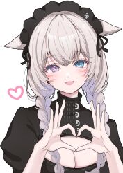 Rule 34 | 1girl, absurdres, animal ears, blue eyes, braid, breasts, cat ears, cleavage, cross-shaped pupils, facial mark, fang, final fantasy, final fantasy xiv, hands up, heart, heart hands, heterochromia, highres, juliet sleeves, light brown hair, lilith degree, long hair, long sleeves, looking at viewer, maid headdress, miqo&#039;te, open mouth, puffy sleeves, purple eyes, simple background, skin fang, smile, solo, symbol-shaped pupils, twin braids, upper body, warrior of light (ff14), white background