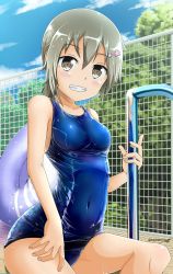 Rule 34 | 1girl, blue one-piece swimsuit, blue sky, blush, breasts, brown eyes, brown hair, chain-link fence, collarbone, commentary request, covered navel, day, fence, fine fabric emphasis, hair between eyes, hair ornament, hairclip, highres, innertube, kani sen, long hair, looking at viewer, low ponytail, medium breasts, minowa gin, old school swimsuit, one-piece swimsuit, outdoors, pool ladder, poolside, school swimsuit, shiny clothes, shiny skin, sitting, sky, smile, solo, swim ring, swimsuit, teeth, tree, twitter username, washio sumi wa yuusha de aru, wet, yuusha de aru