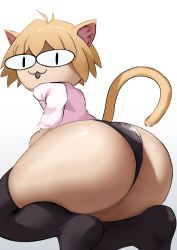 Rule 34 | :3, absurdres, animal ears, ass, ass focus, black panties, black thighhighs, blonde hair, cat ears, cat tail, from behind, highres, huge ass, long sleeves, looking at viewer, looking back, mob face, naka (umomoko), neco-arc, open mouth, panties, shirt, short hair, simple background, slit pupils, solo, tail, thighhighs, tsukihime, underwear, white background, white shirt
