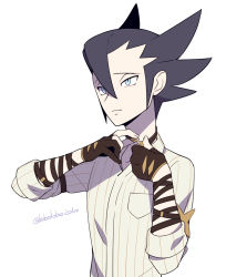Rule 34 | 1boy, arm wrap, artist name, black hair, breast pocket, closed mouth, collared shirt, commentary request, creatures (company), game freak, gloves, grey eyes, grimsley (pokemon), grimsley (sygna suit) (pokemon), hair between eyes, half-closed eyes, male focus, momoji (lobolobo2010), nintendo, official alternate costume, pocket, pokemon, pokemon masters ex, shirt, simple background, sleeves rolled up, solo, upper body, watermark, white background