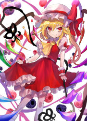 Rule 34 | 1girl, absurdres, ascot, blackberry (fruit), blonde hair, blush, bow, closed mouth, commentary request, crystal, dutch angle, feet out of frame, flandre scarlet, food, frilled ascot, frilled shirt collar, frilled skirt, frills, fruit, hat, hat ribbon, highres, laevatein (touhou), medium hair, mob cap, one side up, puffy short sleeves, puffy sleeves, raspberry, red bow, red eyes, red ribbon, red skirt, red vest, ribbon, shirt, short sleeves, skirt, smile, solo, touhou, tsukikusa, tsurime, v-shaped eyebrows, vest, white background, white shirt, wings, wrist cuffs, yellow ascot