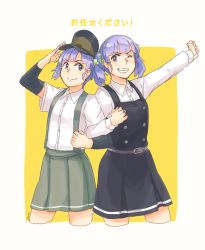 Rule 34 | 2019, 2girls, arm up, arm warmers, belt, blue hair, blunt bangs, buttons, closed mouth, collared shirt, commentary, cropped legs, dress, dual persona, green ribbon, green skirt, grey skirt, grin, hair ribbon, hat, kantai collection, locked arms, long sleeves, looking at viewer, multiple girls, one eye closed, ooshio (kancolle), outstretched arm, pinafore dress, pleated skirt, purple hair, remodel (kantai collection), ribbon, salute, school uniform, shirt, short sleeves, short twintails, skirt, sleeveless dress, smile, suspenders, teeth, translated, twintails, weidashming