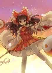 Rule 34 | 1girl, ascot, bow, brown hair, detached sleeves, gohei, hair bow, hair tubes, hakurei reimu, long hair, outstretched arm, pleated skirt, red eyes, revision, skirt, skirt set, solo, thighhighs, touhou, white thighhighs, yin yang, yoshimo (yoshimo1516)