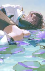 Rule 34 | 1boy, 57friend, absurdres, artist name, black hair, black shorts, blue sky, blunt ends, bridal gauntlets, closed mouth, dated, day, expressionless, eyelashes, eyeshadow, flower, genshin impact, hair between eyes, highres, in water, jacket, japanese clothes, lily pad, looking at viewer, lotus, lying, makeup, male focus, obi, on side, outdoors, purple eyes, red eyeshadow, rope, sash, scaramouche (genshin impact), short hair, short sleeves, shorts, sidelocks, signature, sky, solo, wanderer (genshin impact), water, white jacket, wide sleeves