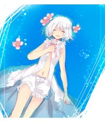 Rule 34 | 1girl, absurdres, bare shoulders, bloomers, commentary, cowboy shot, closed eyes, flower, hair between eyes, hair flower, hair ornament, highres, kudou chitose, kuzukiri shion, lying, navel, nijisanji, on back, open clothes, open mouth, partially submerged, pink flower, pink ribbon, ribbon, sketch, sleeveless, smile, solo, underwear, virtual youtuber, water, white hair