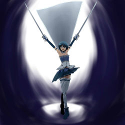 Rule 34 | 1girl, armband, armpits, bare shoulders, blue eyes, blue hair, cape, dual wielding, gloves, holding, magical girl, maguro (fufu), mahou shoujo madoka magica, mahou shoujo madoka magica (anime), matching hair/eyes, miki sayaka, open mouth, parody, short hair, skirt, solo, spoilers, sword, thighhighs, this is it, weapon