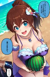 Rule 34 | 1boy, 1girl, beach, bikini, blue eyes, blue sky, blush, breasts, breasts squeezed together, brown hair, cleavage, cloud, collarbone, commentary, day, food, food on body, food on breasts, frilled bikini, frills, fruit, hair ornament, highres, holding, holding food, holding fruit, horizon, idolmaster, idolmaster million live!, idolmaster million live! theater days, jewelry, kamille (vcx68), looking at viewer, medium breasts, medium hair, melon, necklace, ocean, open mouth, outdoors, ponytail, producer (idolmaster), purple bikini, revision, sand, satake minako, sidelocks, sky, smile, speech bubble, standing, swimsuit, thinking, translated, water