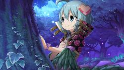 Rule 34 | 1girl, ahoge, blue eyes, blue hair, forest, gate of nightmares, hair ornament, heart, heart hair ornament, highres, ivy, jewelry, meruru (gate of nightmares), nature, necklace, night, official art, outdoors, short hair, solo, tree