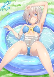 Rule 34 | 1girl, bikini, blue bikini, blue eyes, breasts, collarbone, commentary request, hair ornament, hair over one eye, hairclip, hamakaze (kancolle), highres, kantai collection, large breasts, looking at viewer, navel, partially submerged, short hair, signature, silver hair, sitting, solo, swimsuit, tokito yu, wading pool, water