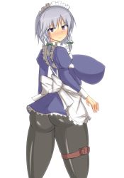 Rule 34 | 1girl, apron, ass, blue eyes, braid, breasts, covered erect nipples, female focus, from behind, hair ornament, hair ribbon, huge breasts, impossible clothes, izayoi sakuya, looking back, maid, maid apron, maid headdress, miniskirt, musuka (muska), pantyhose, ribbon, short hair, silver hair, simple background, skirt, solo, standing, thighs, touhou, white background