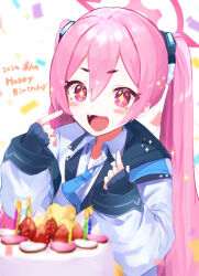 Rule 34 | + +, 1girl, birthday, birthday cake, blue archive, blush, blush stickers, cake, candle, fang, fingerless gloves, food, fruit, gloves, halo, highres, koyuki (blue archive), long hair, open mouth, pink eyes, pink hair, pointing, pointing at self, skin fang, strawberry, twintails, yashiro osa