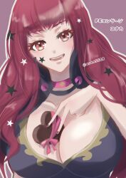 Rule 34 | 1girl, asan5528, between breasts, blunt bangs, breasts, candy, chocolate, chocolate heart, cleavage, cleavage cutout, clothing cutout, facial mark, fire emblem, fire emblem engage, food, hair ornament, heart, highres, large breasts, long hair, looking at viewer, nintendo, red eyes, red hair, simple background, smile, star (symbol), star facial mark, star hair ornament, upper body, valentine, yunaka (fire emblem)
