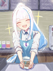 Rule 34 | 1girl, :d, absurdres, apron, blue apron, blue hair, blunt bangs, blush, closed eyes, collared shirt, colored inner hair, cup, facing viewer, floating hair, highres, hitanu, holding, holding cup, indoors, lize helesta, long hair, long sleeves, multicolored hair, nijisanji, open mouth, ponytail, shirt, sleeves rolled up, smile, solo, sparkle, very long hair, virtual youtuber, white hair