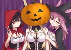Rule 34 | 3girls, black hair, blonde hair, blush, breasts, cleavage cutout, clothing cutout, elfenlied22, fate/grand order, fate (series), head wings, hildr (fate), jack-o&#039;-lantern, large breasts, long hair, looking at viewer, multiple girls, open mouth, ortlinde (fate), pink hair, popped collar, red eyes, short hair, sidelocks, smile, thighs, thrud (fate), valkyrie (fate), wings