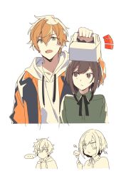 Rule 34 | ..., 1boy, 1girl, ap bar, bow, braid, brother and sister, brown eyes, brown hair, closed mouth, collared shirt, eating, highres, holding, hood, hoodie, jacket, long sleeves, multicolored hair, open mouth, orange hair, pastry box, pout, project sekai, shinonome akito, shinonome ena, shirt, short hair, siblings, simple background, streaked hair, upper body