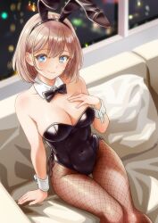 Rule 34 | 1girl, animal ears, arm support, bare shoulders, black leotard, black pantyhose, blue eyes, blush, bob cut, bow, bowtie, breasts, cleavage, closed mouth, collarbone, couch, covered navel, detached collar, fake animal ears, fishnet pantyhose, fishnets, hair between eyes, hand on own chest, highleg, highleg leotard, highres, indoors, leotard, light brown hair, looking at viewer, medium breasts, on couch, original, pantyhose, playboy bunny, ponnetsu, rabbit ears, short hair, side-tie leotard, sitting, smile, solo, strapless, strapless leotard, traditional bowtie, wrist cuffs
