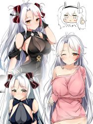 Rule 34 | 2girls, absurdres, arms under breasts, azur lane, bare shoulders, black bow, black dress, black gloves, blush, bow, breast hold, breasts, brown eyes, chibi, cleavage, closed mouth, clothing cutout, commentary request, dress, gloves, groin, hair between eyes, hair bow, hand up, highres, laffey (azur lane), large breasts, long hair, long sleeves, looking at viewer, mole, mole on breast, moyoron, multicolored hair, multiple girls, multiple views, off shoulder, pink shirt, prinz eugen (azur lane), prinz eugen (cordial cornflower) (azur lane), rabbit ears, red hair, see-through, shirt, short sleeves, shoulder cutout, simple background, sleeves past wrists, smile, streaked hair, thumbs up, translation request, two side up, very long hair, white background, white hair