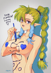 Rule 34 | 1girl, blue eyes, blue hair, blue nails, body writing, bodypaint, braid, braided ponytail, breasts, commentary, elf, english commentary, fingernails, green hair, large breasts, long hair, maeve (urumi), multicolored hair, nail polish, nude, original, paintbrush, pasties, pointy ears, promotional art, sidelocks, solo, standing, two-tone hair, urumi (urumi00)