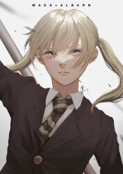 Rule 34 | 1girl, absurdres, blonde hair, closed mouth, dated, envi138, green necktie, highres, long hair, looking at viewer, maka albarn, necktie, school uniform, simple background, solo, soul eater, striped necktie, twintails, white background