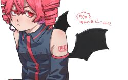 Rule 34 | 1girl, :/, atsuko (222atuko), bat wings, black shirt, black sleeves, blush, character name, collared shirt, colored eyelashes, commentary, date pun, detached sleeves, drill hair, frown, glaring, half-closed eyes, headset, kasane teto, looking at viewer, mini wings, number pun, number tattoo, pink hair, red eyes, sanpaku, shirt, shoulder blush, shoulder tattoo, simple background, solo, tareme, tattoo, translation request, twin drills, upper body, utau, v-shaped eyebrows, white background, wings