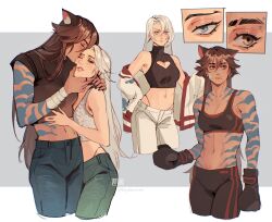 Rule 34 | 2girls, absurdres, animal ears, artist name, bandage on face, bandages, bbybluemochi, blue eyes, boxing gloves, brown eyes, cat ears, cleavage cutout, clothing cutout, grey background, hand on another&#039;s waist, highres, jacket, kiss, kissing cheek, multiple girls, open clothes, open jacket, original, piercing, tattoo, white hair, yuri