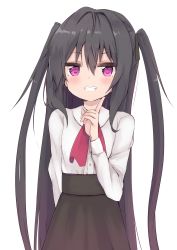 Rule 34 | 1girl, amano kouki, black hair, black skirt, blush, center frills, collared shirt, commentary, dress shirt, frills, grin, hair between eyes, hand up, high-waist skirt, highres, index finger raised, long hair, long sleeves, looking at viewer, note-chan, original, purple eyes, shirt, simple background, skirt, smile, solo, two side up, very long hair, white background, white shirt