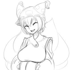Rule 34 | 1girl, bad id, bad pixiv id, breasts, closed eyes, face, female focus, fox tail, greyscale, hands in opposite sleeves, large breasts, monochrome, multiple tails, open mouth, smile, solo, spacezin, tail, touhou, yakumo ran