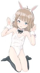 Rule 34 | 1girl, ahoge, animal ears, bare shoulders, black bow, black bowtie, black socks, blue eyes, blush, bow, bowtie, brown hair, collar, commentary request, covered navel, detached collar, fake animal ears, flat chest, flower, full body, hair flower, hair ornament, hairband, hands up, highres, idolmaster, idolmaster million live!, kneehighs, leotard, long hair, looking at viewer, nipple slip, nipples, no shoes, parted lips, rabbit ears, ripu (lipi), simple background, socks, solo, strapless, strapless leotard, suou momoko, sweat, wavy mouth, white background, white collar, white flower, white hairband, white leotard, wing collar, wrist cuffs
