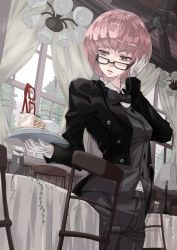 Rule 34 | 1girl, absurdres, cake, ceiling fan, chair, female focus, food, formal, glasses, highres, hiropon pj, indoors, lamp, nature, original, pink hair, plant, short hair, solo, table, yellow eyes