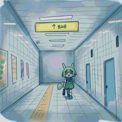 Rule 34 | 1girl, ayakashi (monkeypanch), door, green footwear, green shorts, highres, indoors, looking at viewer, open mouth, puffy shorts, shirt, shoes, short sleeves, shorts, sign, solo, standing, suspender shorts, suspenders, tactile paving, the exit 8, voiceroid, voicevox, walking, white shirt, wide shot, zundamon