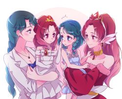 Rule 34 | ^^^, 4girls, akagi towa, bare shoulders, blue eyes, blue hair, blush, braid, breasts, carrying, child, choker, cleavage, earrings, elbow gloves, gloves, go! princess precure, if they mated, jewelry, kaidou minami, long hair, multiple girls, negom, aged up, pointy ears, precure, red eyes, red hair, single braid, smile, tiara, white gloves