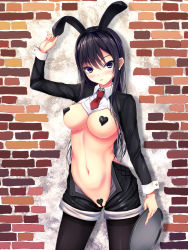 Rule 34 | 1girl, animal ears, arm up, black hair, black hairband, black shorts, black thighhighs, blush, breasts, brick wall, cleavage, collared shirt, commentary request, cowboy shot, cropped shirt, crotchless shorts, drop shadow, fake animal ears, hair between eyes, hair ornament, hairband, heart pasties, highleg shorts, highres, holding, holding hair ornament, holding tray, kurokami (kurokaminohito), kurono mika, long hair, long sleeves, looking at viewer, maebari, medium breasts, meme attire, nail polish, navel, necktie, open clothes, open shorts, original, parted lips, pasties, pink nails, purple eyes, rabbit ears, red necktie, revealing clothes, reverse bunnysuit, reverse outfit, shirt, short necktie, short shorts, shorts, shrug (clothing), sidelocks, solo, standing, stomach, thighhighs, tray, wrist cuffs