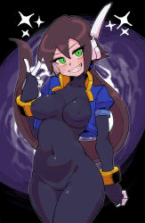 1girl absurdres aile_(mega_man_zx) aura black_bodysuit blue_jacket bodysuit bodysuit_under_clothes brown_hair buzzlyears commentary covered_erect_nipples covered_navel cropped_jacket glowing glowing_eyes green_eyes highres jacket long_hair mega_man_(series) mega_man_zx mega_man_zx_advent no_pants open_clothes open_jacket parted_lips ponytail robot_ears smile solo sparkle teeth